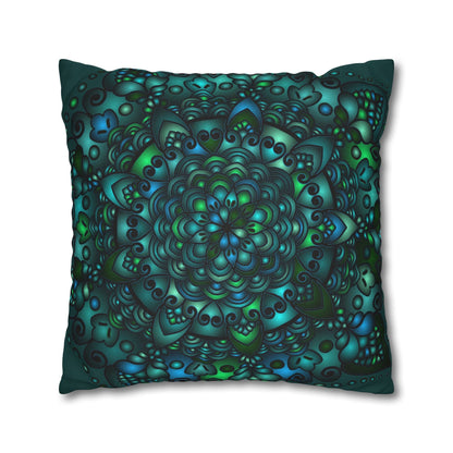 Spun Polyester Square Pillowcase Mandala Art - Original Fine Art - Hand - drawn - Petroleum Green - Blululi