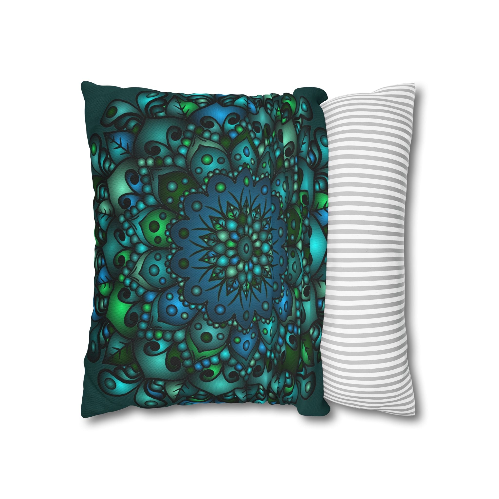 Spun Polyester Square Pillowcase Mandala Art - Original Fine Art - Hand - drawn - Petroleum Green - Blululi