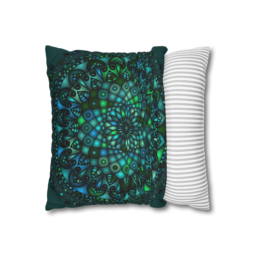 Spun Polyester Square Pillowcase Mandala Art - Original Fine Art - Hand - drawn - Petroleum Green - Blululi