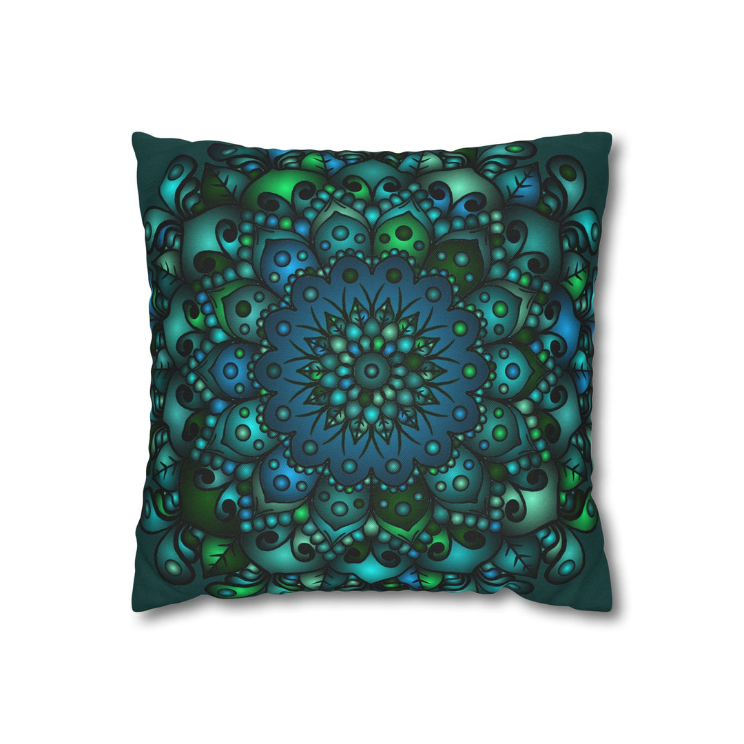 Spun Polyester Square Pillowcase Mandala Art - Original Fine Art - Hand - drawn - Petroleum Green - Blululi