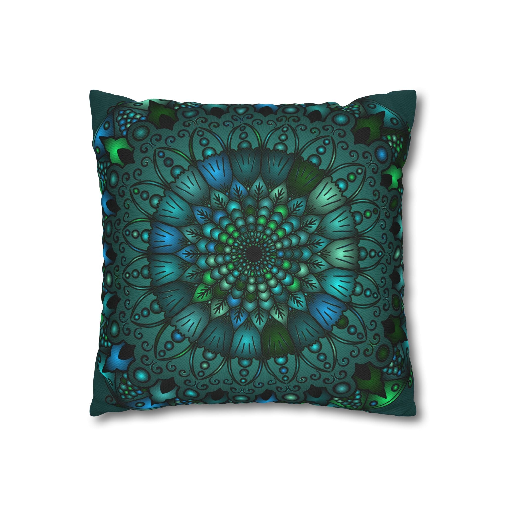 Spun Polyester Square Pillowcase Mandala Art - Original Fine Art - Hand - drawn - Petroleum Green - Blululi