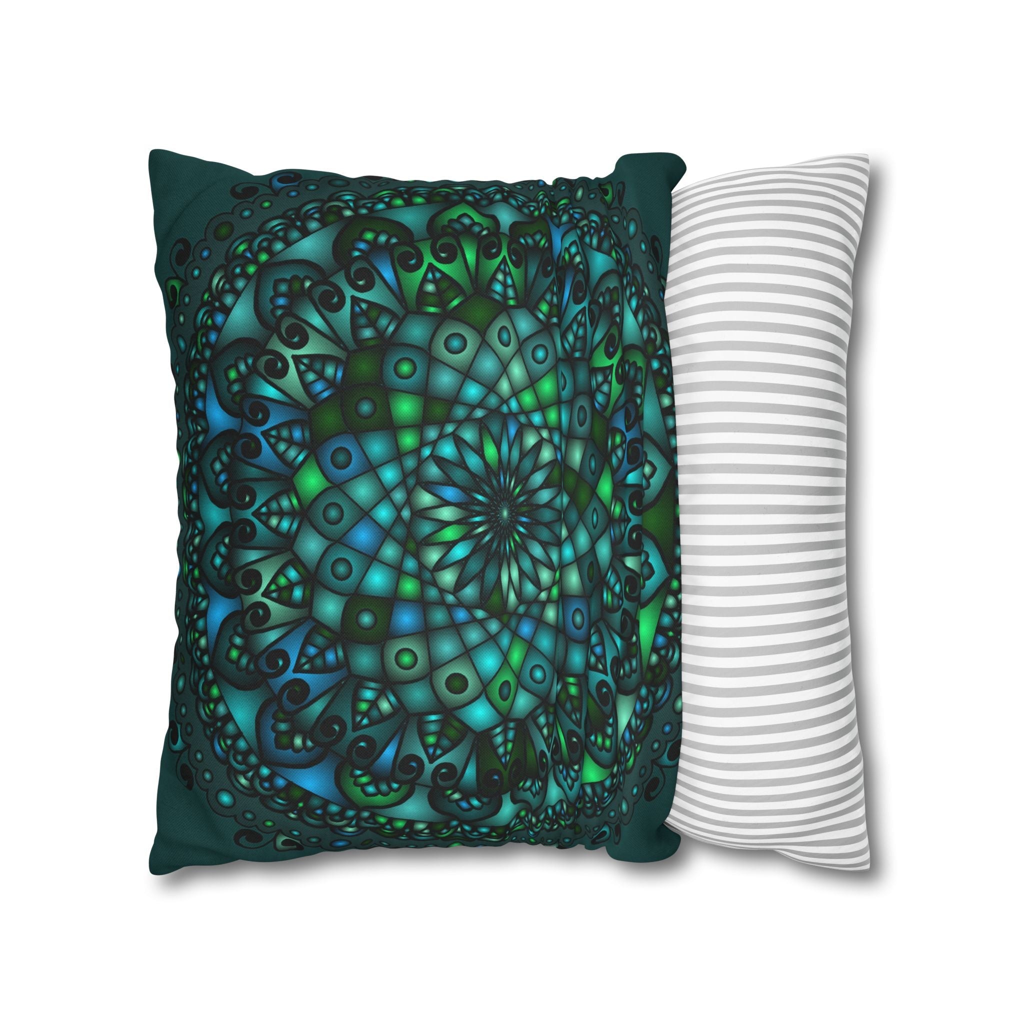 Spun Polyester Square Pillowcase Mandala Art - Original Fine Art - Hand - drawn - Petroleum Green - Blululi