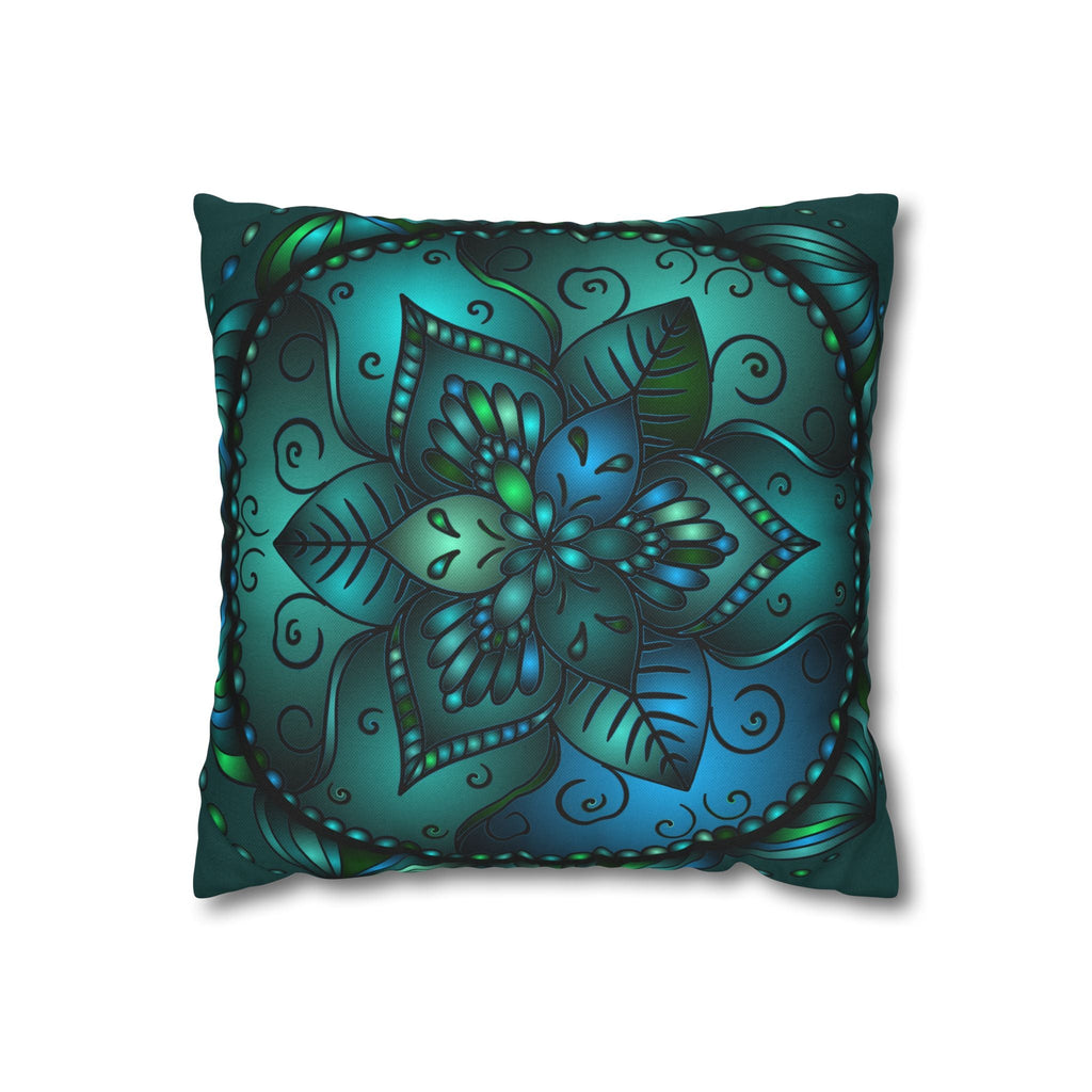 Spun Polyester Square Pillowcase Mandala Art - Original Fine Art - Hand - drawn - Petroleum Green - Blululi