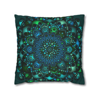 Spun Polyester Square Pillowcase Mandala Art - Original Fine Art - Hand - drawn - Petroleum Green - Blululi