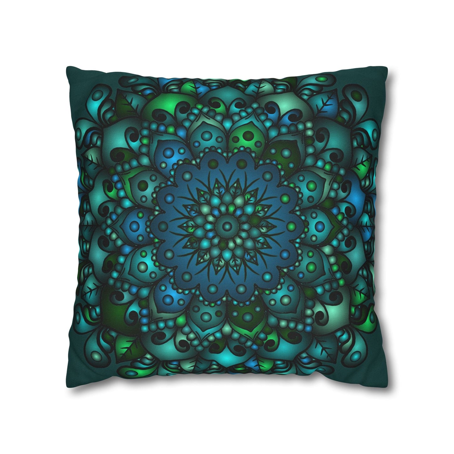 Spun Polyester Square Pillowcase Mandala Art - Original Fine Art - Hand - drawn - Petroleum Green - Blululi