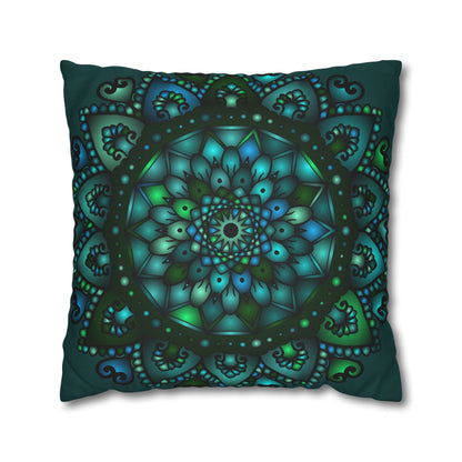 Spun Polyester Square Pillowcase Mandala Art - Original Fine Art - Hand - drawn - Petroleum Green - Blululi