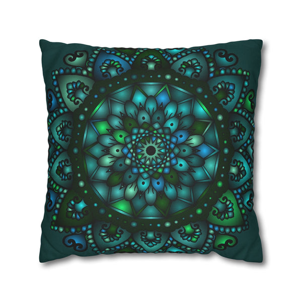 Spun Polyester Square Pillowcase Mandala Art - Original Fine Art - Hand - drawn - Petroleum Green - Blululi