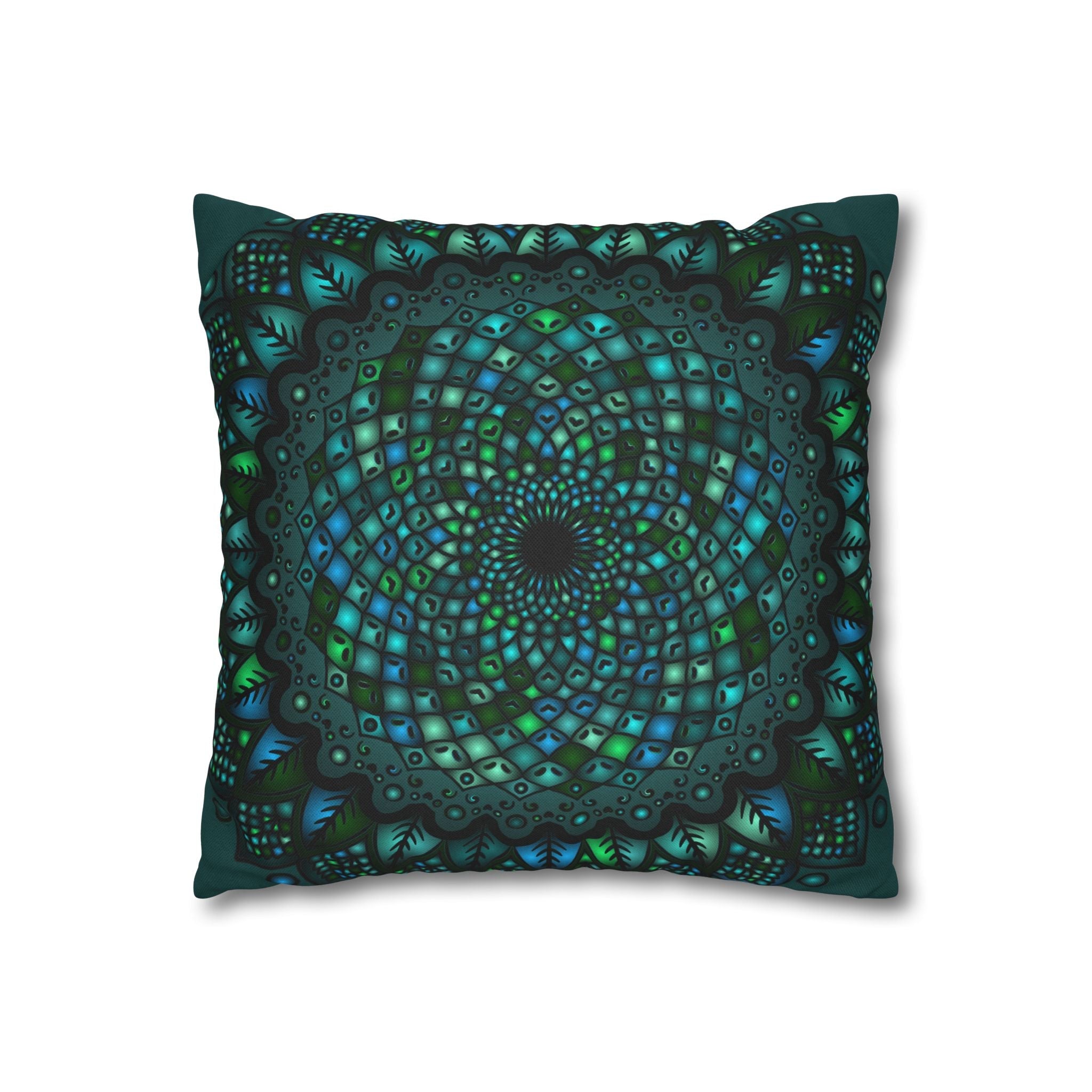 Spun Polyester Square Pillowcase Mandala Art - Original Fine Art - Hand - drawn - Petroleum Green - Blululi