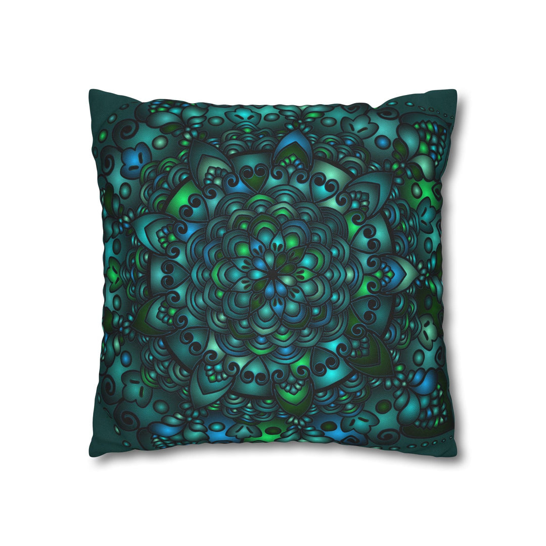 Spun Polyester Square Pillowcase Mandala Art - Original Fine Art - Hand - drawn - Petroleum Green - Blululi