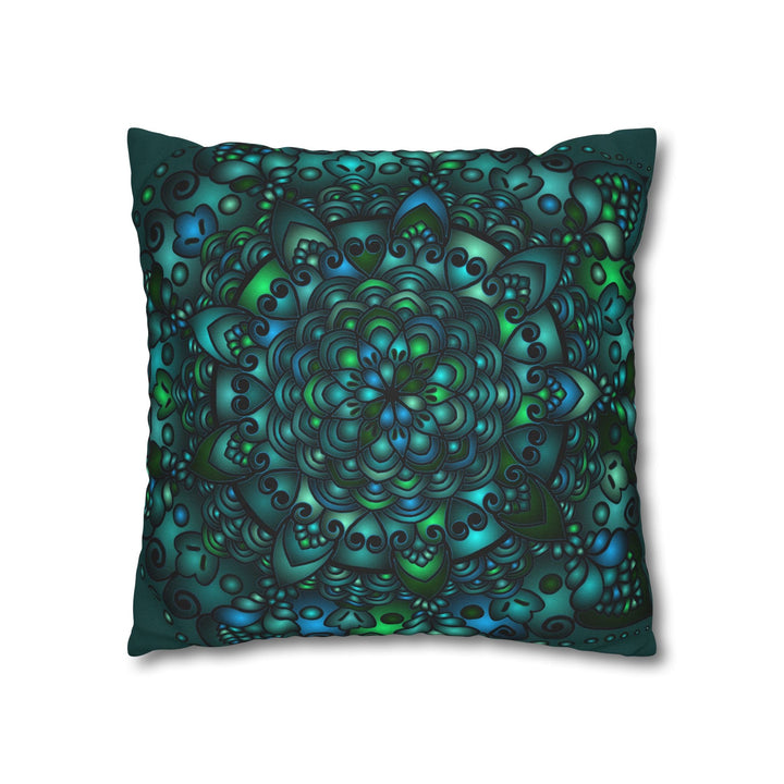 Spun Polyester Square Pillowcase Mandala Art - Original Fine Art - Hand - drawn - Petroleum Green - Blululi