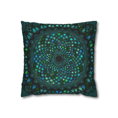 Spun Polyester Square Pillowcase Mandala Art - Original Fine Art - Hand - drawn - Petroleum Green - Blululi