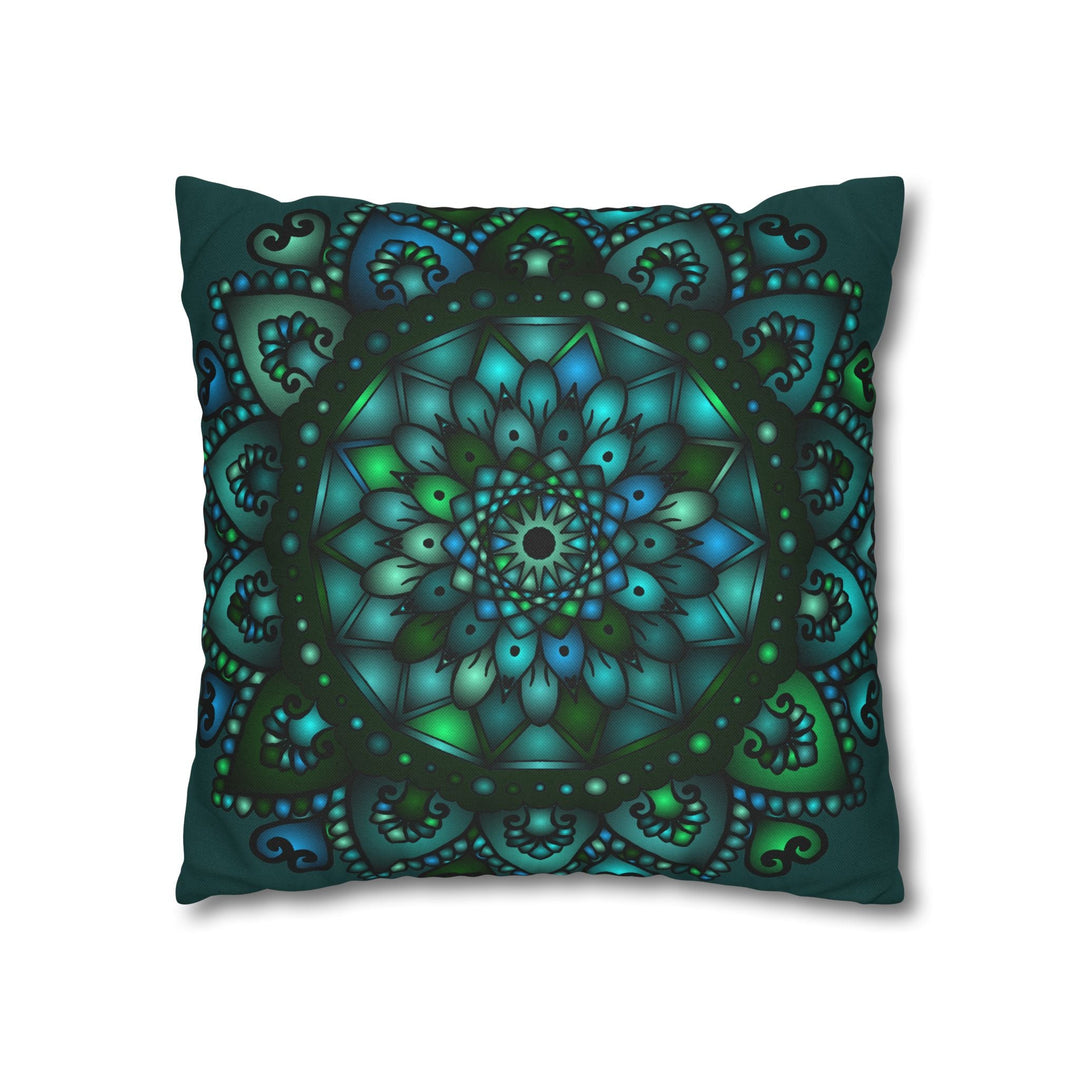 Spun Polyester Square Pillowcase Mandala Art - Original Fine Art - Hand - drawn - Petroleum Green - Blululi