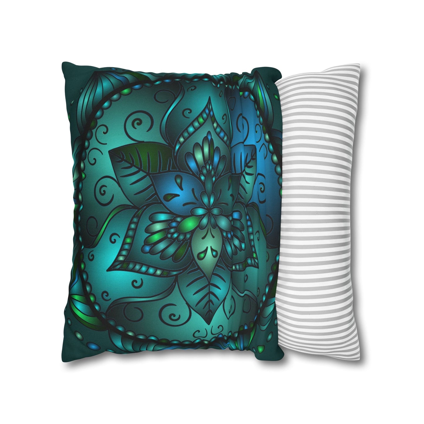 Spun Polyester Square Pillowcase Mandala Art - Original Fine Art - Hand - drawn - Petroleum Green - Blululi