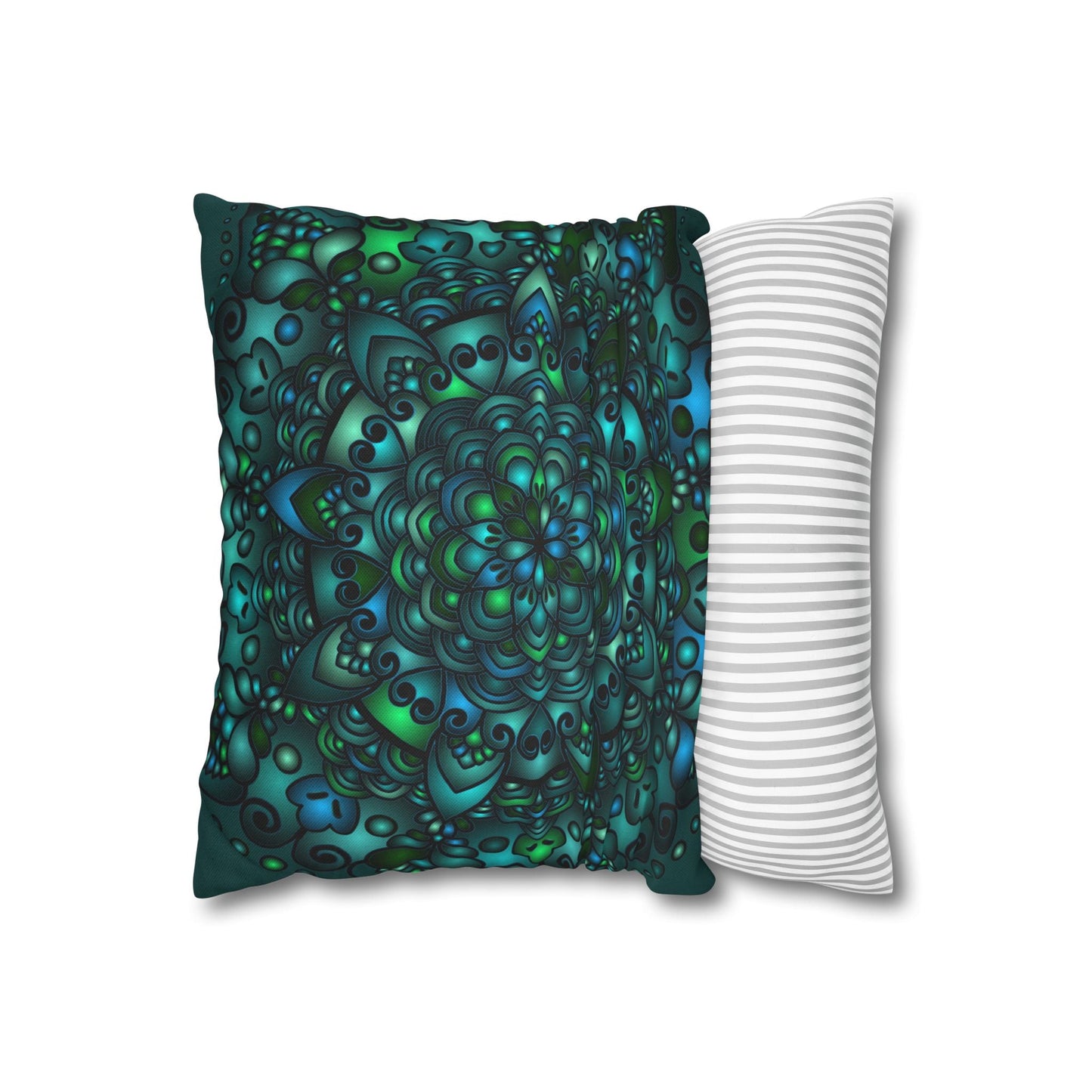 Spun Polyester Square Pillowcase Mandala Art - Original Fine Art - Hand - drawn - Petroleum Green - Blululi