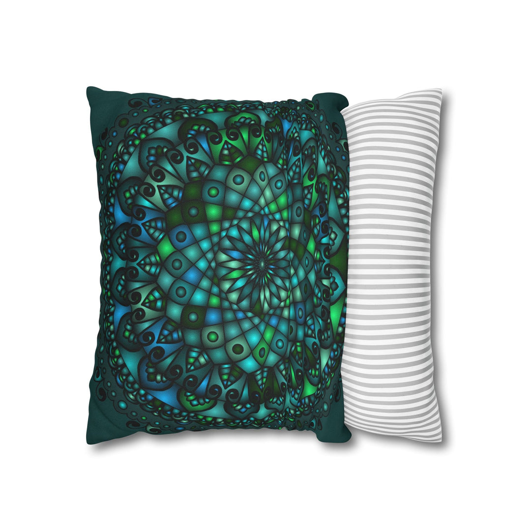 Spun Polyester Square Pillowcase Mandala Art - Original Fine Art - Hand - drawn - Petroleum Green - Blululi