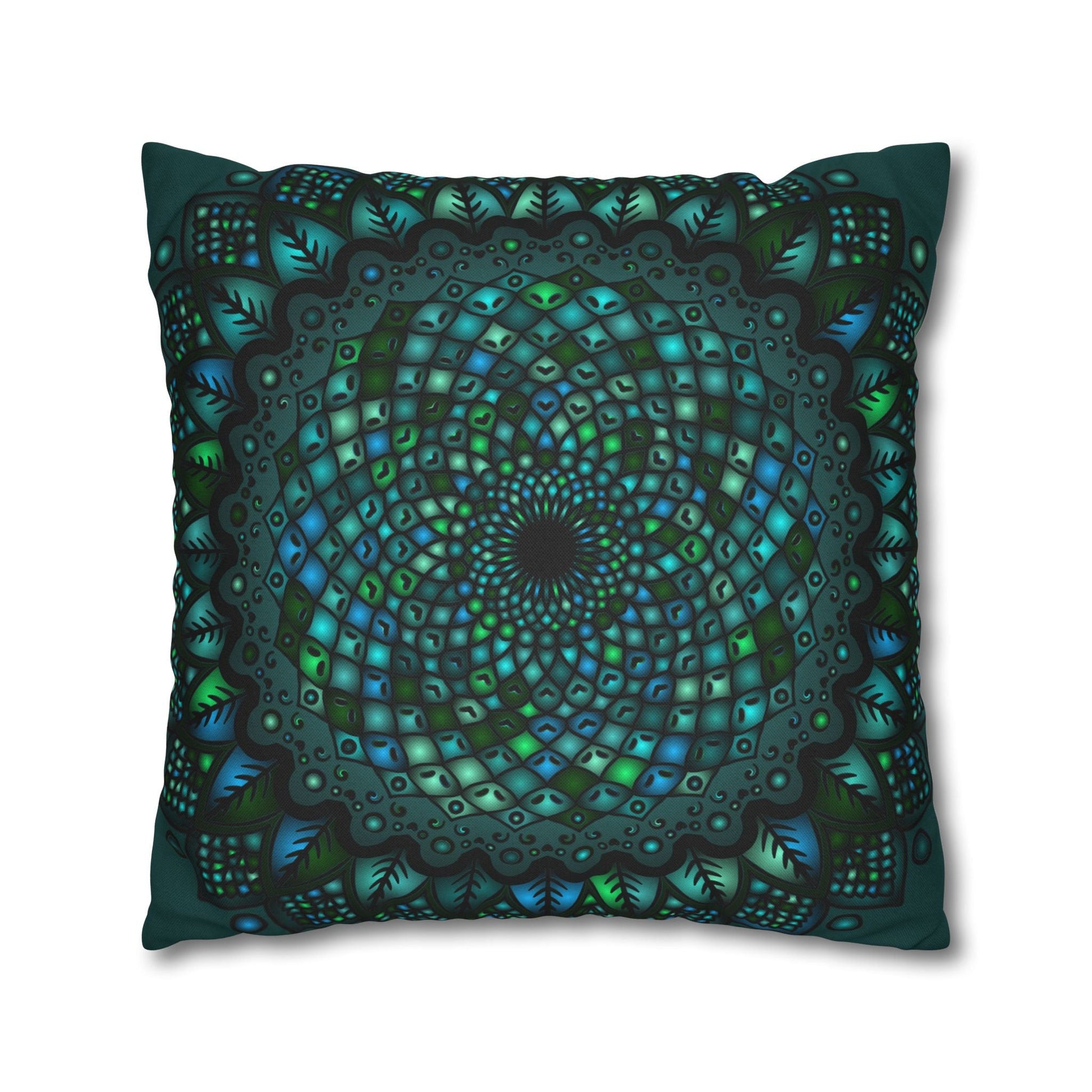 Spun Polyester Square Pillowcase Mandala Art - Original Fine Art - Hand - drawn - Petroleum Green - Blululi