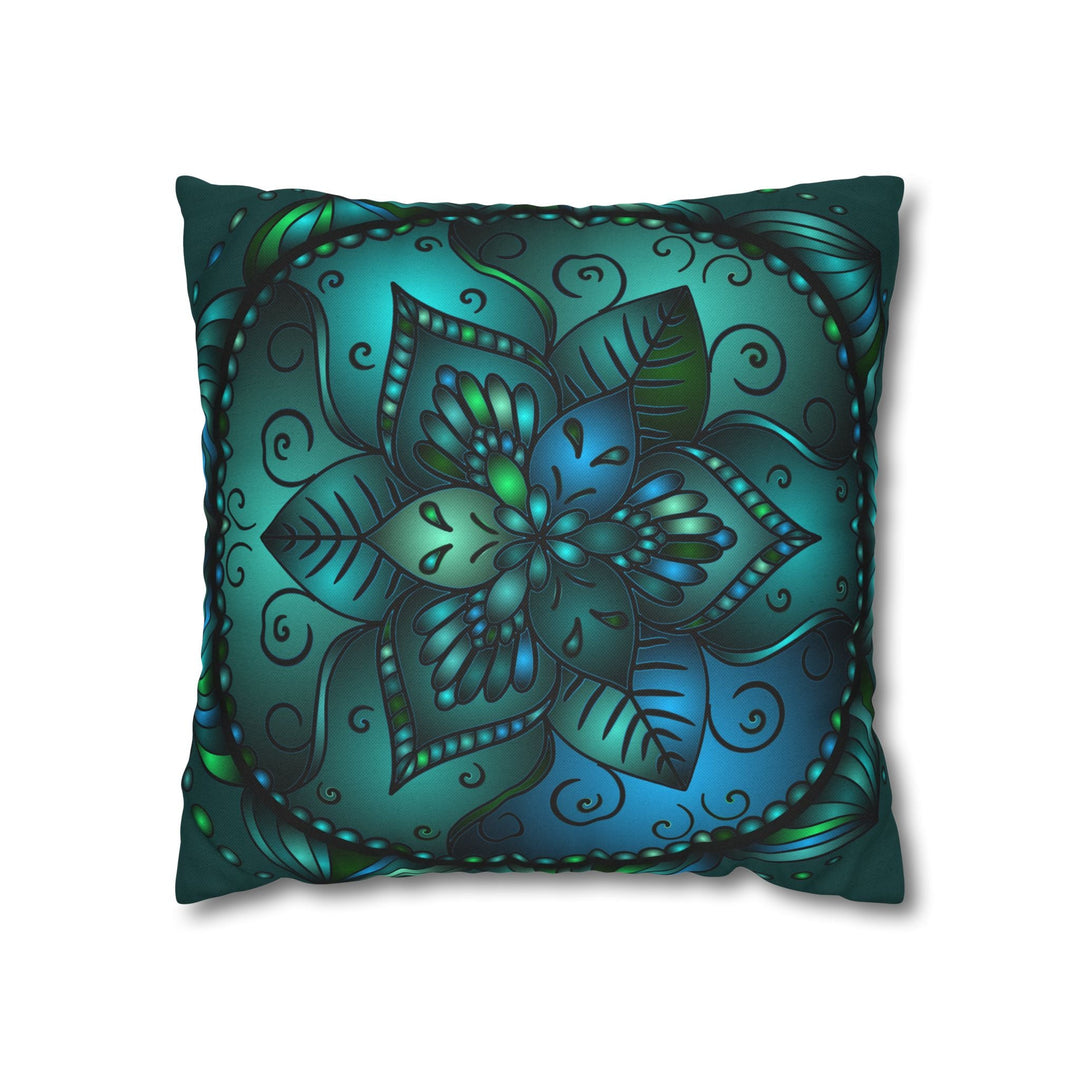 Spun Polyester Square Pillowcase Mandala Art - Original Fine Art - Hand - drawn - Petroleum Green - Blululi