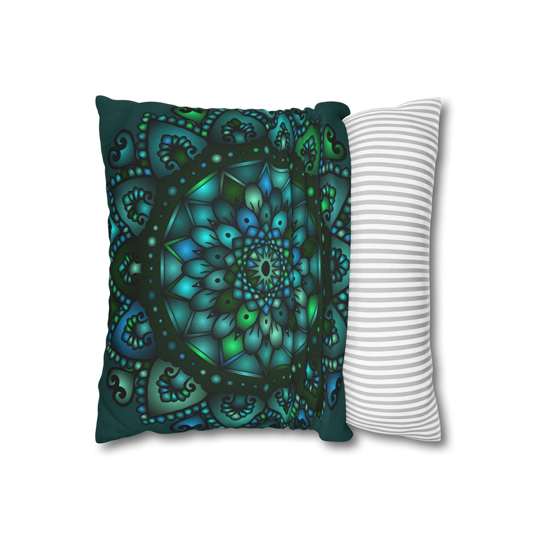 Spun Polyester Square Pillowcase Mandala Art - Original Fine Art - Hand - drawn - Petroleum Green - Blululi