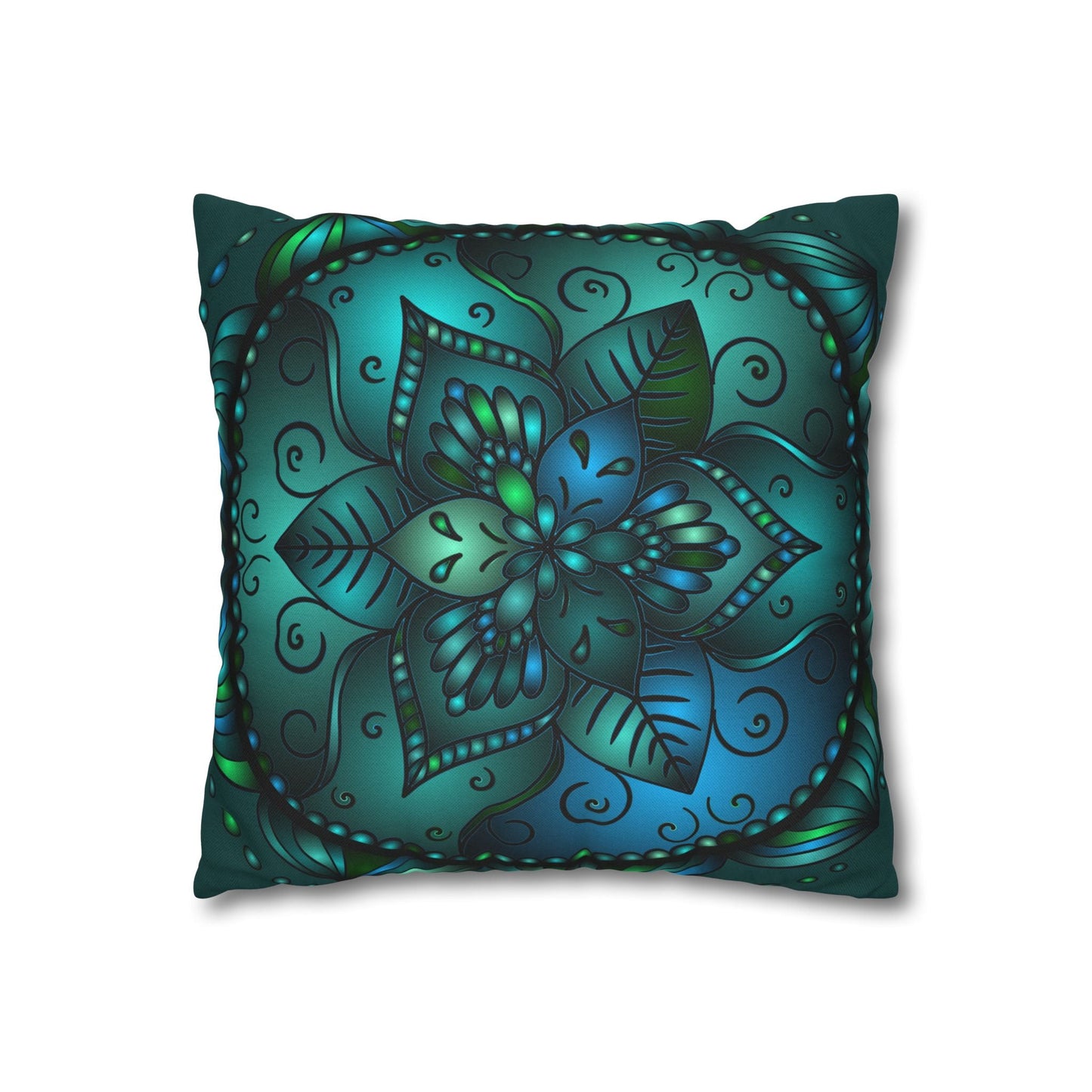 Spun Polyester Square Pillowcase Mandala Art - Original Fine Art - Hand - drawn - Petroleum Green - Blululi