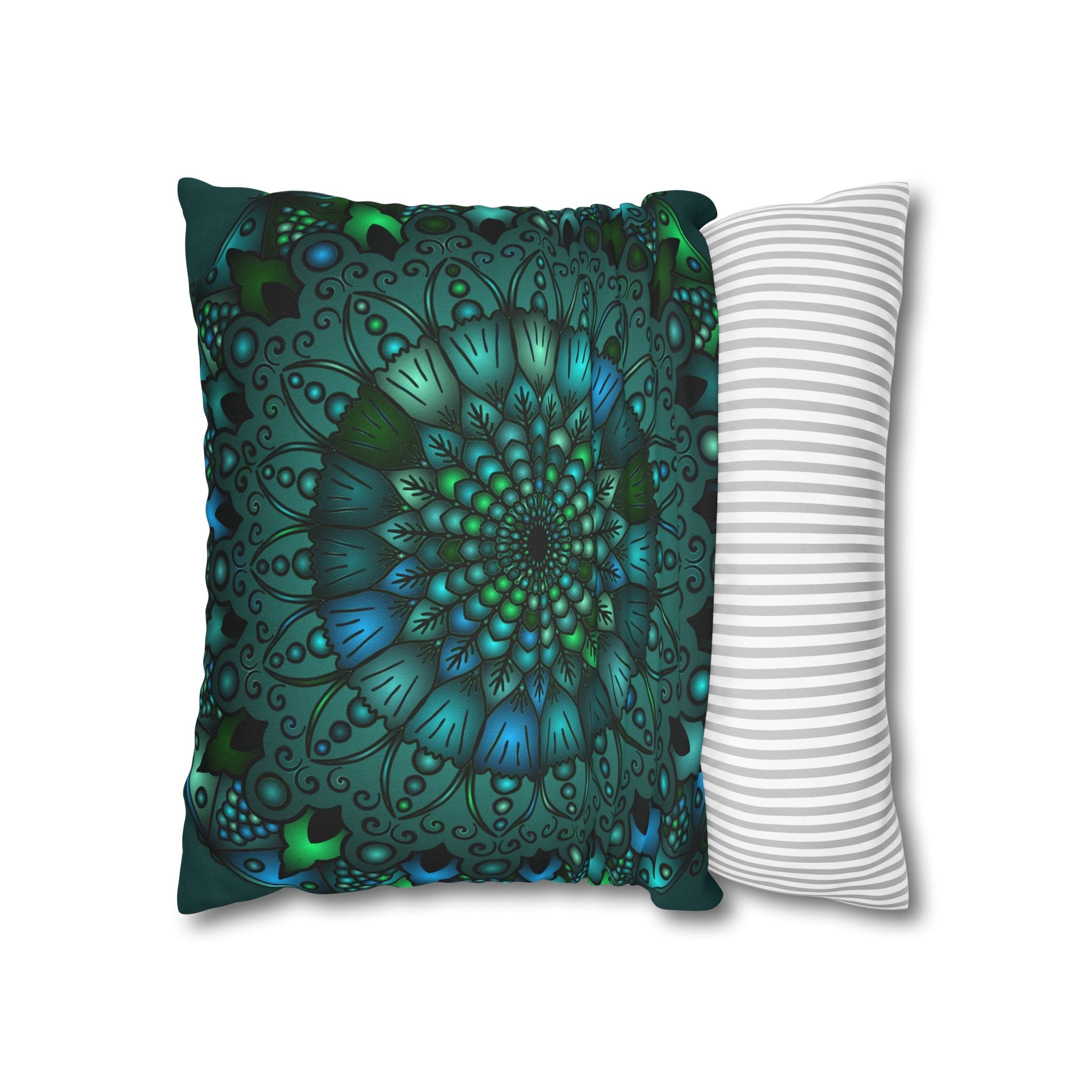 Spun Polyester Square Pillowcase Mandala Art - Original Fine Art - Hand - drawn - Petroleum Green - Blululi