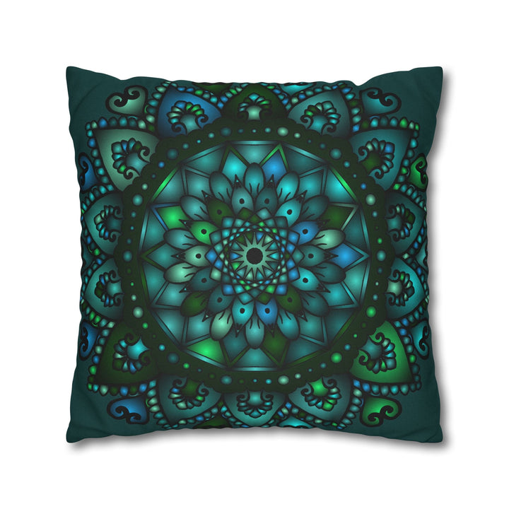 Spun Polyester Square Pillowcase Mandala Art - Original Fine Art - Hand - drawn - Petroleum Green - Blululi