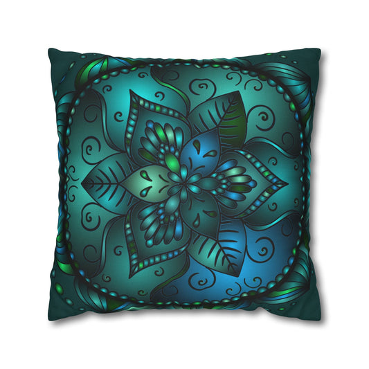 Spun Polyester Square Pillowcase Mandala Art - Original Fine Art - Hand - drawn - Petroleum Green - Blululi