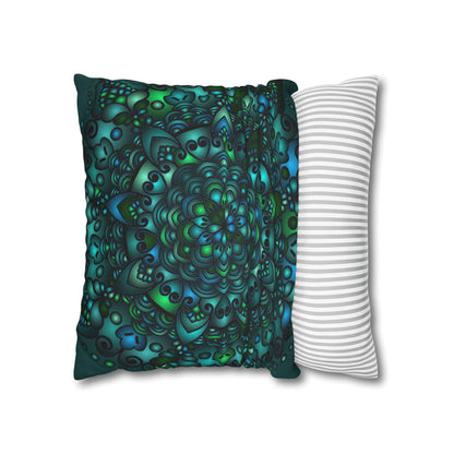 Spun Polyester Square Pillowcase Mandala Art - Original Fine Art - Hand - drawn - Petroleum Green - Blululi