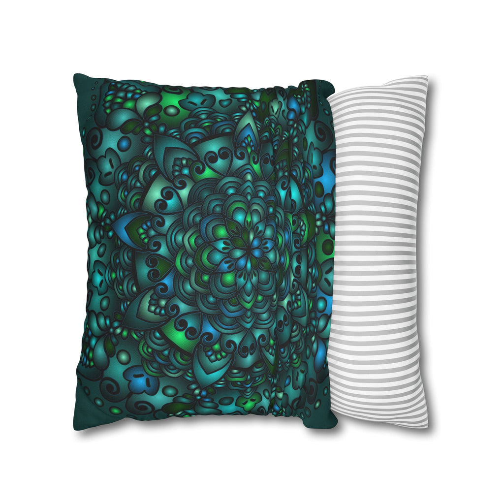 Spun Polyester Square Pillowcase Mandala Art - Original Fine Art - Hand - drawn - Petroleum Green - Blululi