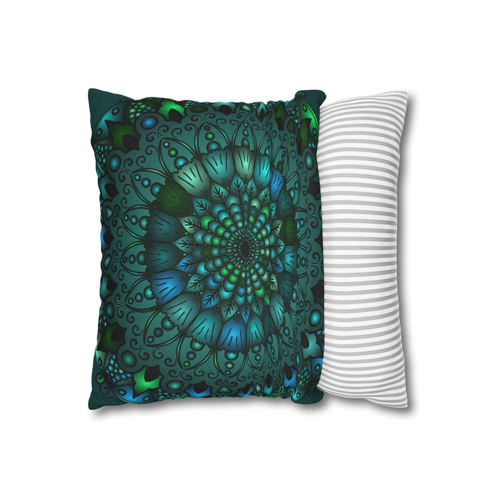 Spun Polyester Square Pillowcase Mandala Art - Original Fine Art - Hand - drawn - Petroleum Green - Blululi