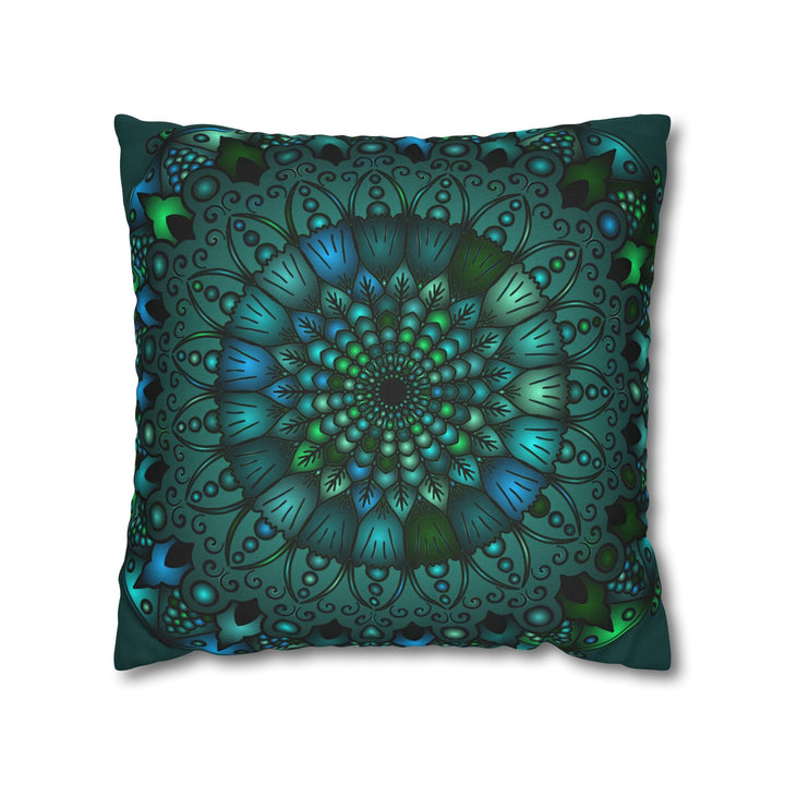 Spun Polyester Square Pillowcase Mandala Art - Original Fine Art - Hand - drawn - Petroleum Green - Blululi