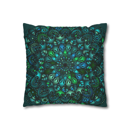 Spun Polyester Square Pillowcase Mandala Art - Original Fine Art - Hand - drawn - Petroleum Green - Blululi