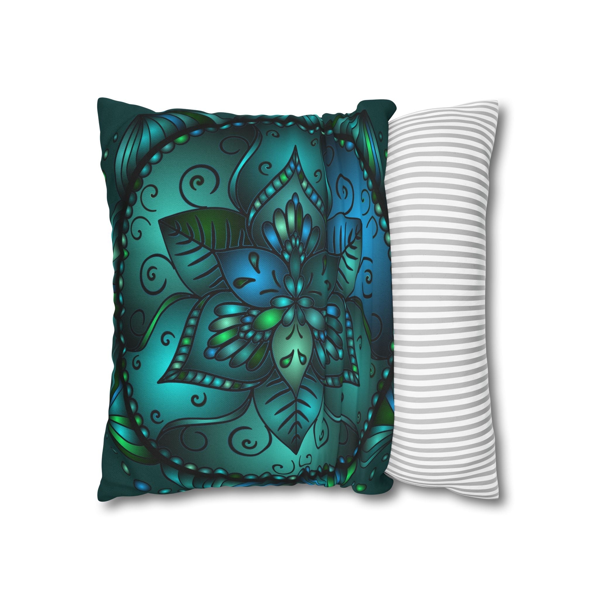 Spun Polyester Square Pillowcase Mandala Art - Original Fine Art - Hand - drawn - Petroleum Green - Blululi