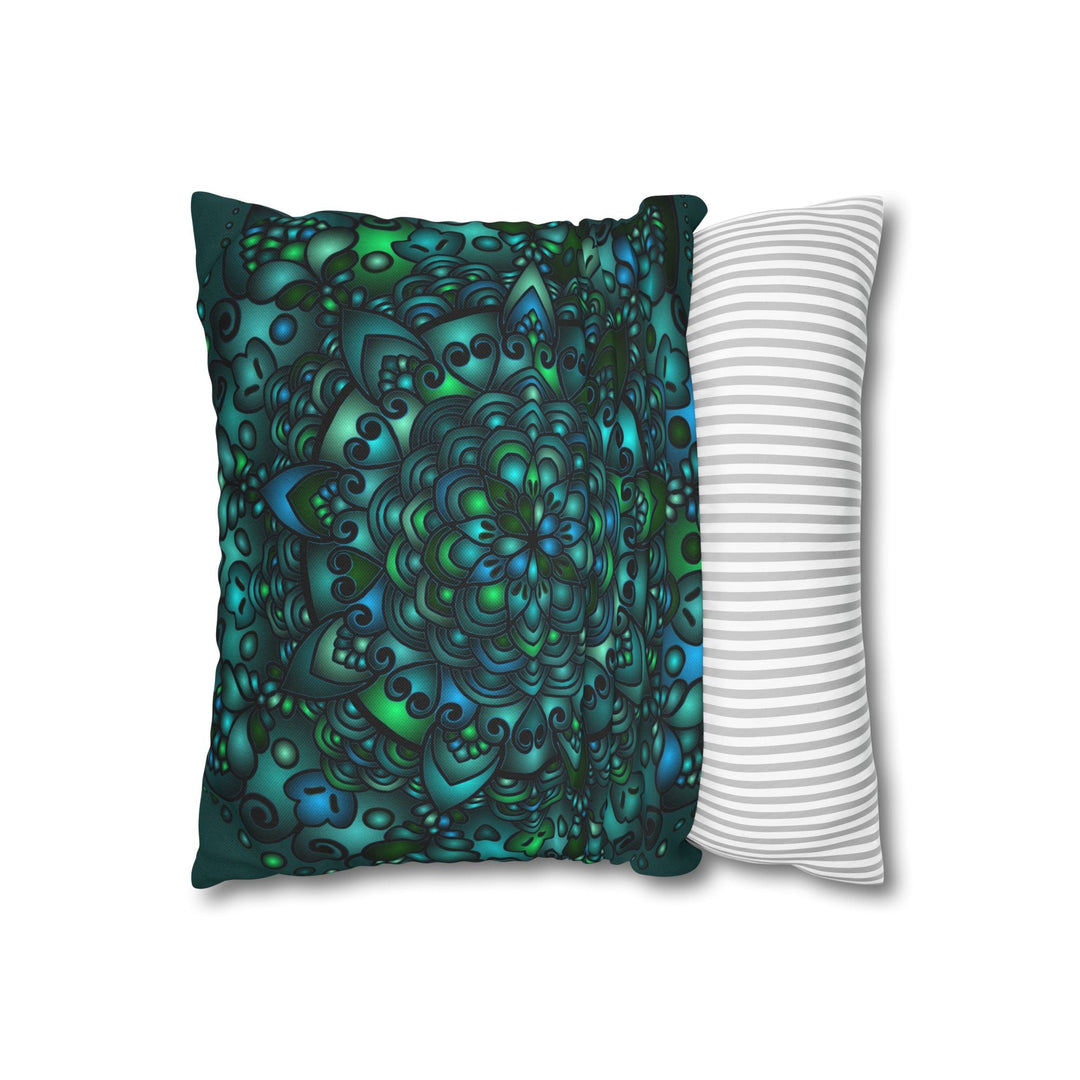 Spun Polyester Square Pillowcase Mandala Art - Original Fine Art - Hand - drawn - Petroleum Green - Blululi