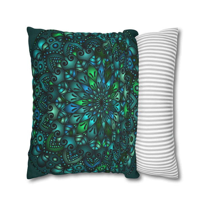 Spun Polyester Square Pillowcase Mandala Art - Original Fine Art - Hand - drawn - Petroleum Green - Blululi