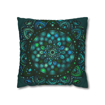 Spun Polyester Square Pillowcase Mandala Art - Original Fine Art - Hand - drawn - Petroleum Green - Blululi