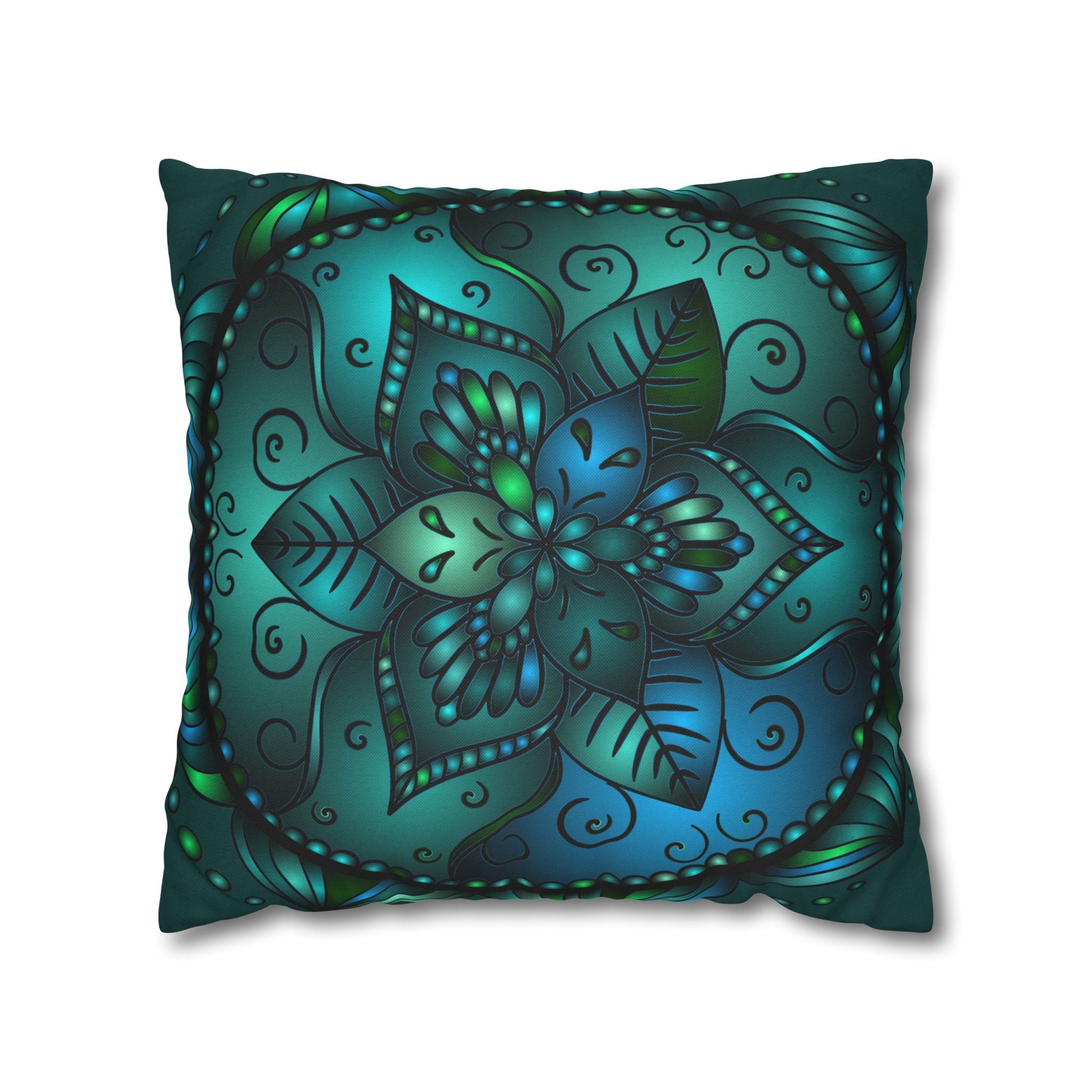 Spun Polyester Square Pillowcase Mandala Art - Original Fine Art - Hand - drawn - Petroleum Green - Blululi