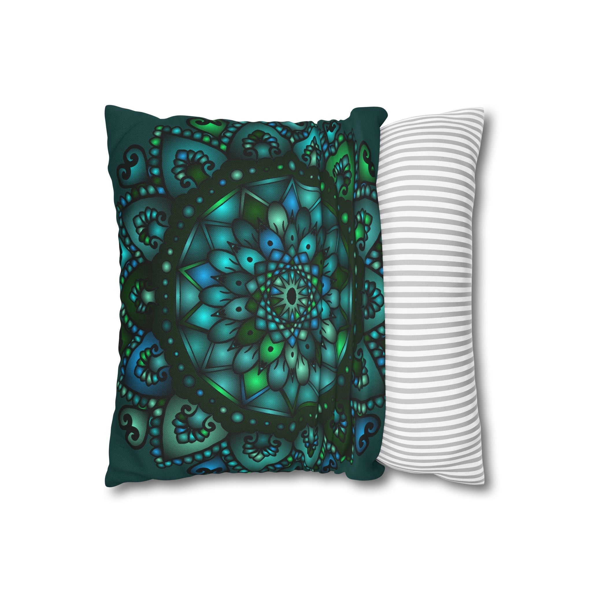 Spun Polyester Square Pillowcase Mandala Art - Original Fine Art - Hand - drawn - Petroleum Green - Blululi