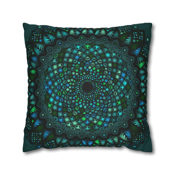 Spun Polyester Square Pillowcase Mandala Art - Original Fine Art - Hand - drawn - Petroleum Green - Blululi