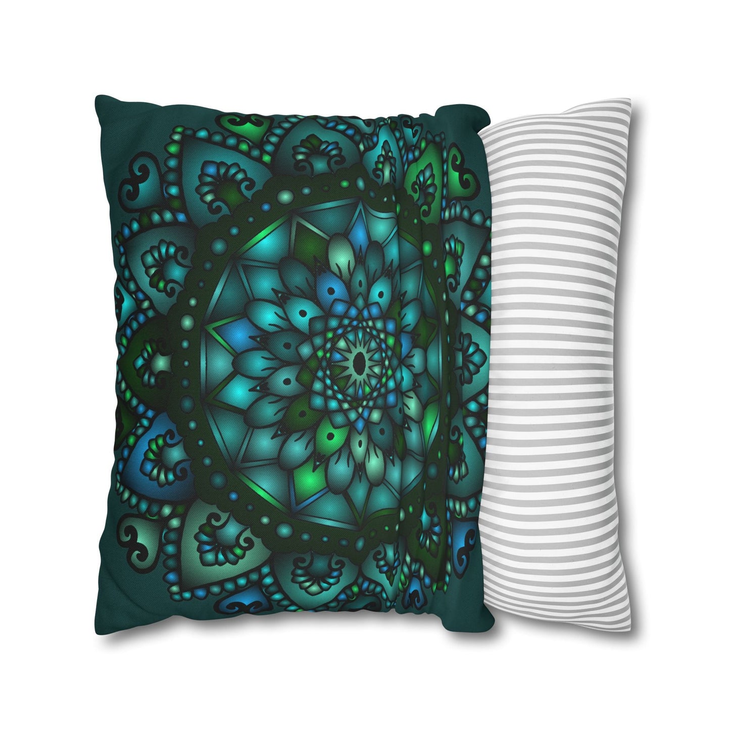 Spun Polyester Square Pillowcase Mandala Art - Original Fine Art - Hand - drawn - Petroleum Green - Blululi