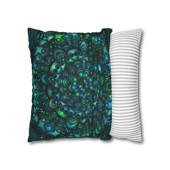 Spun Polyester Square Pillowcase Mandala Art - Original Fine Art - Hand - drawn - Petroleum Green - Blululi