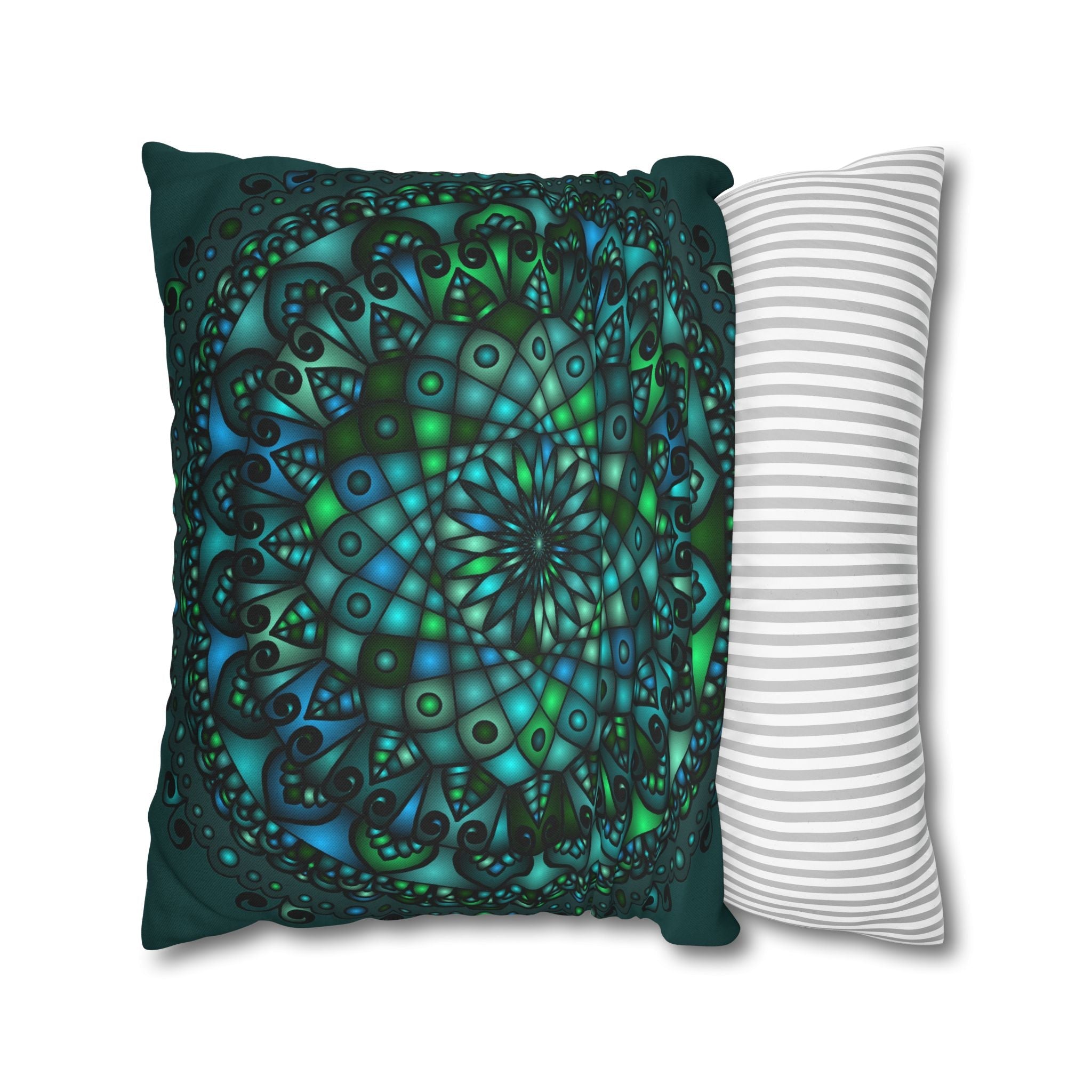 Spun Polyester Square Pillowcase Mandala Art - Original Fine Art - Hand - drawn - Petroleum Green - Blululi