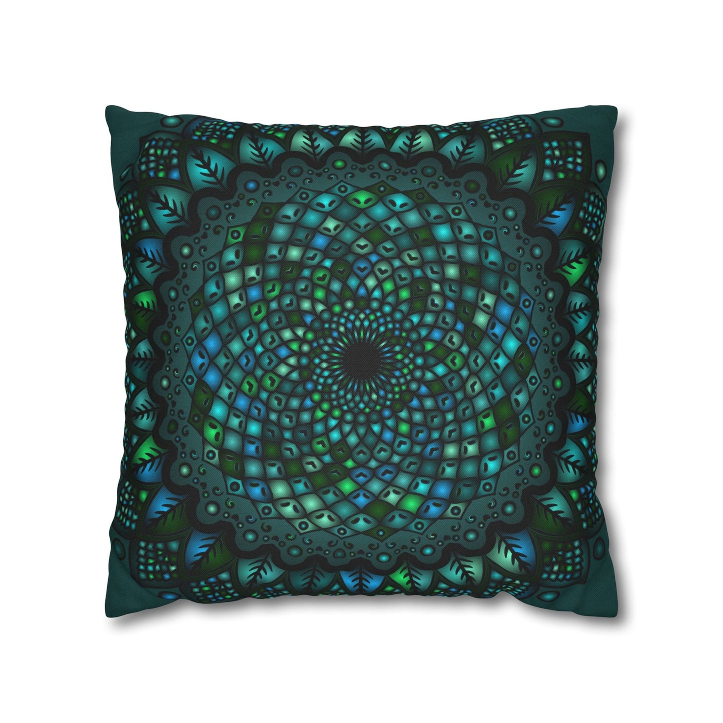 Spun Polyester Square Pillowcase Mandala Art - Original Fine Art - Hand - drawn - Petroleum Green - Blululi