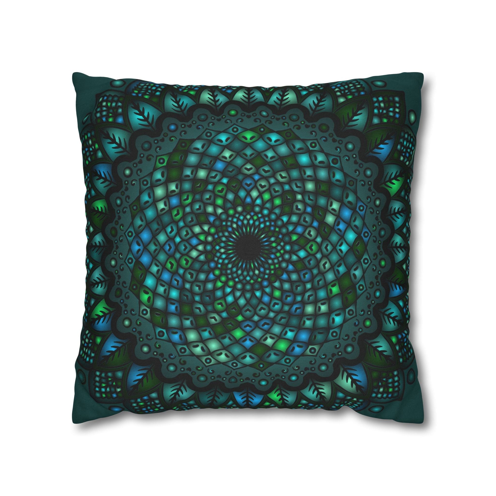 Spun Polyester Square Pillowcase Mandala Art - Original Fine Art - Hand - drawn - Petroleum Green - Blululi