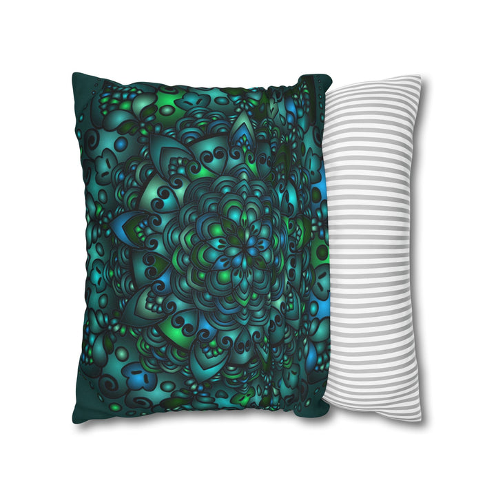 Spun Polyester Square Pillowcase Mandala Art - Original Fine Art - Hand - drawn - Petroleum Green - Blululi