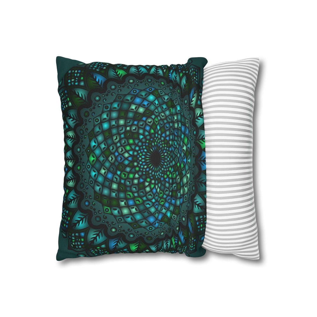 Spun Polyester Square Pillowcase Mandala Art - Original Fine Art - Hand - drawn - Petroleum Green - Blululi