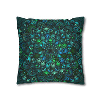 Spun Polyester Square Pillowcase Mandala Art - Original Fine Art - Hand - drawn - Petroleum Green - Blululi