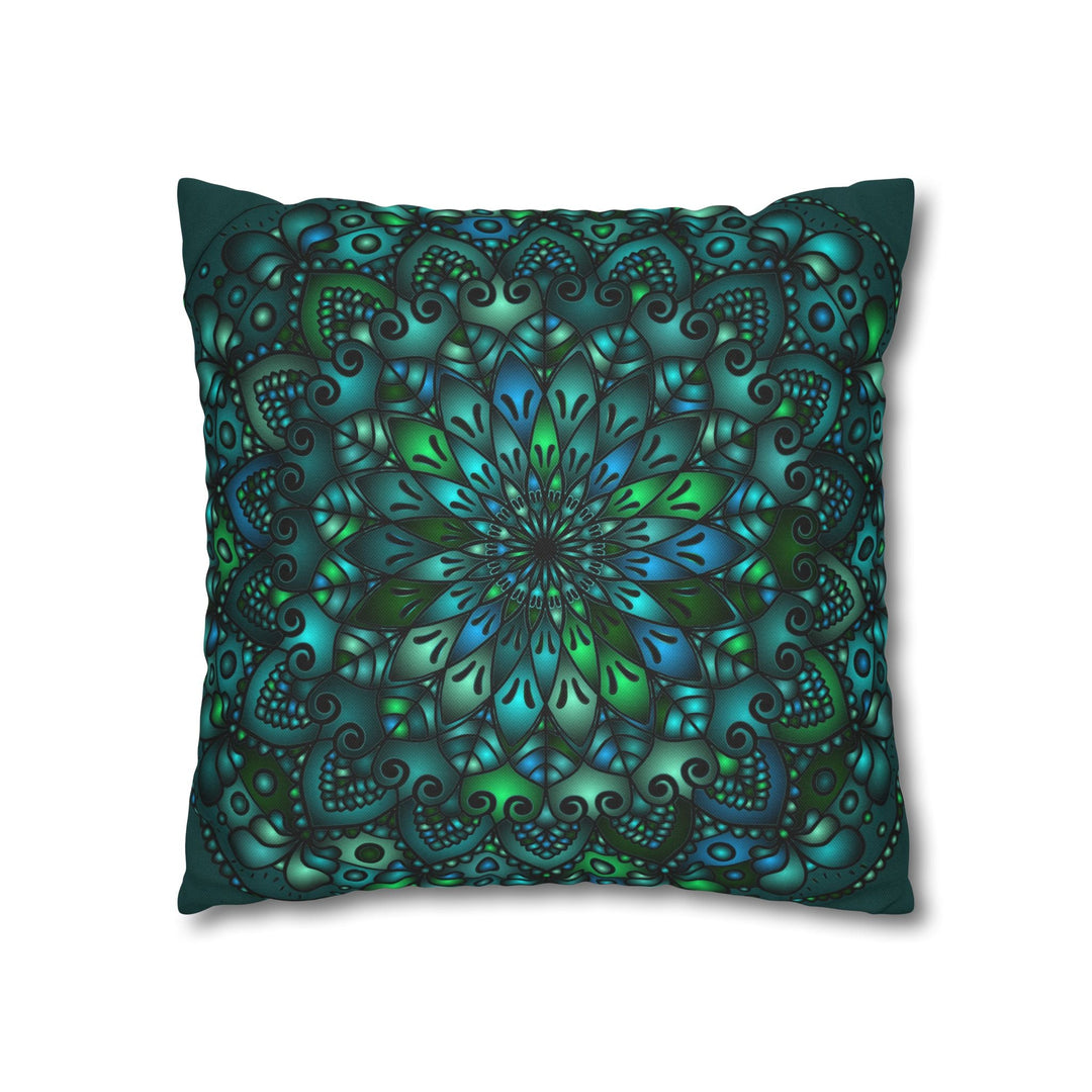 Spun Polyester Square Pillowcase Mandala Art - Original Fine Art - Hand - drawn - Petroleum Green - Blululi