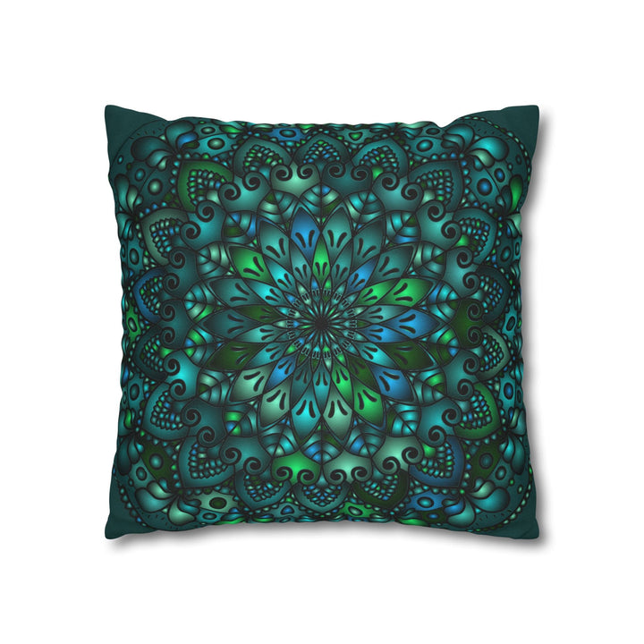 Spun Polyester Square Pillowcase Mandala Art - Original Fine Art - Hand - drawn - Petroleum Green - Blululi