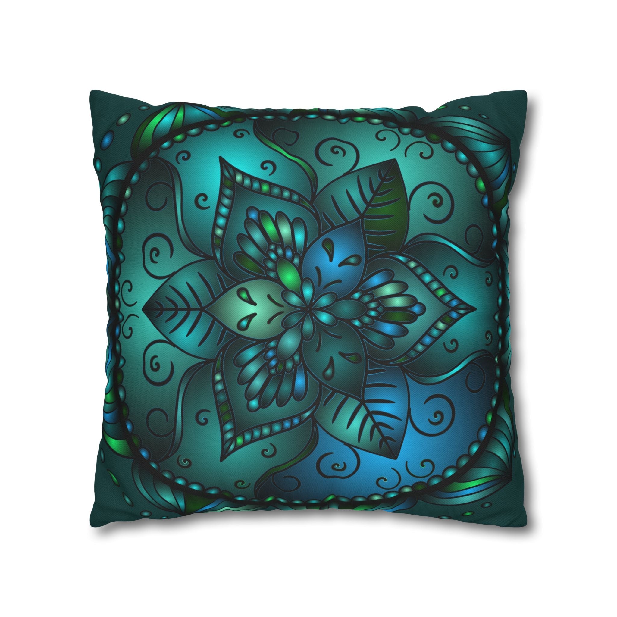 Spun Polyester Square Pillowcase Mandala Art - Original Fine Art - Hand - drawn - Petroleum Green - Blululi