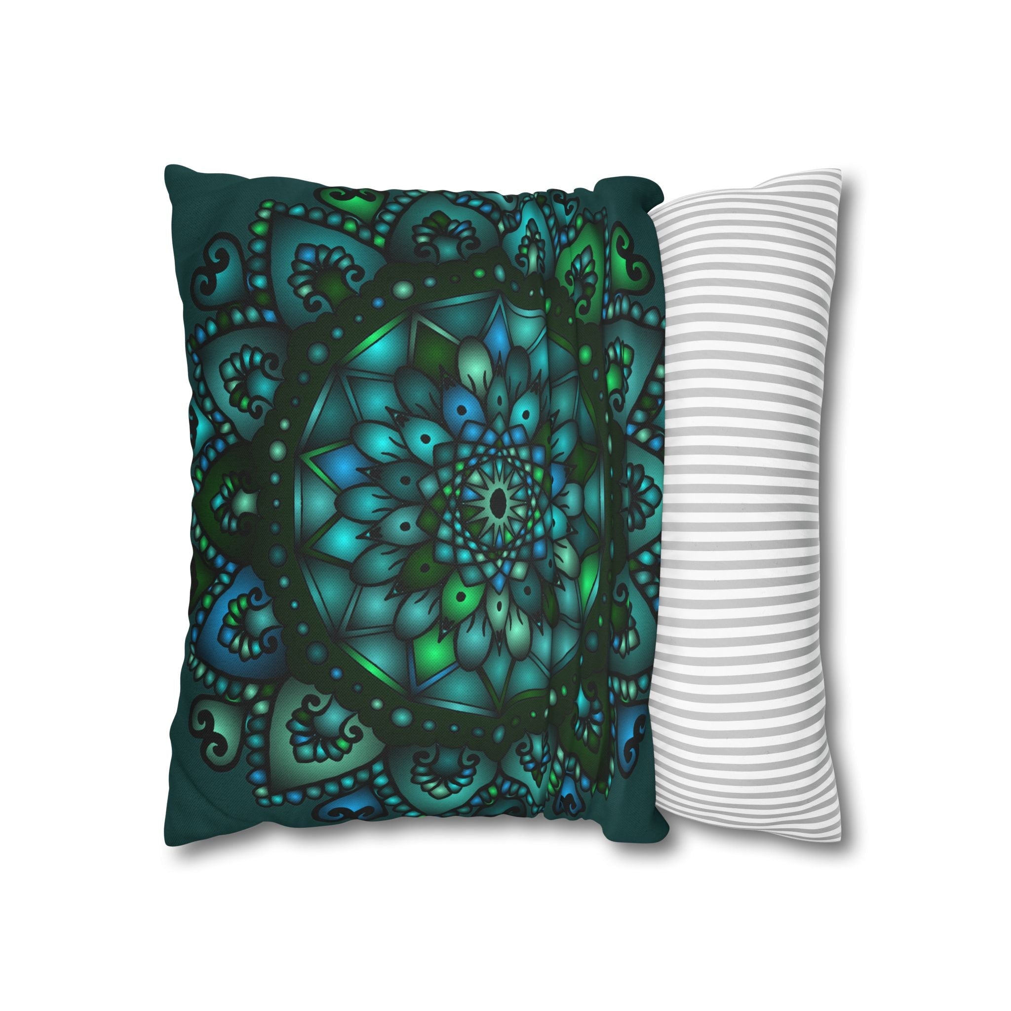 Spun Polyester Square Pillowcase Mandala Art - Original Fine Art - Hand - drawn - Petroleum Green - Blululi